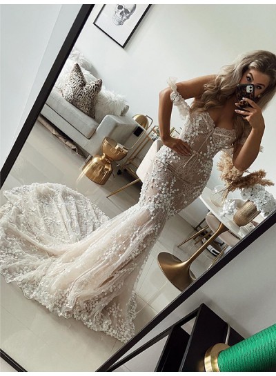 Sweetheart Chapel Train Dusty Rose Off Shoulder Tulle With Appliques Wedding Dresses