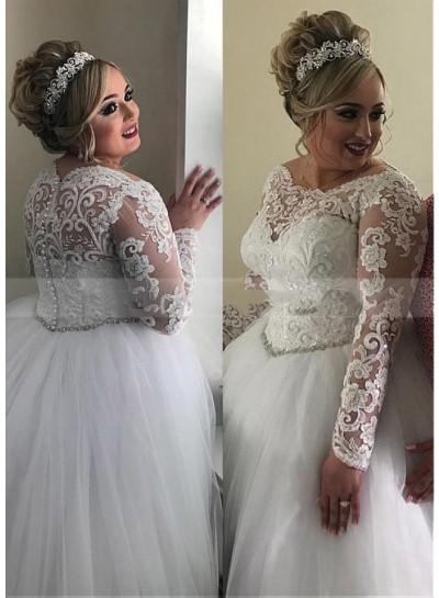 Long Sleeves Empire Waist 2023 Ball Gown Tulle Lace Plus Size Wedding Dresses