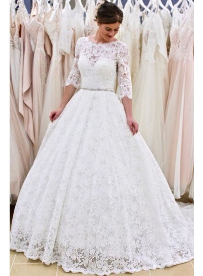 Long Sleeves Backless Beaded Sash A Line Round Neck Lace Wedding Dresses 2023
