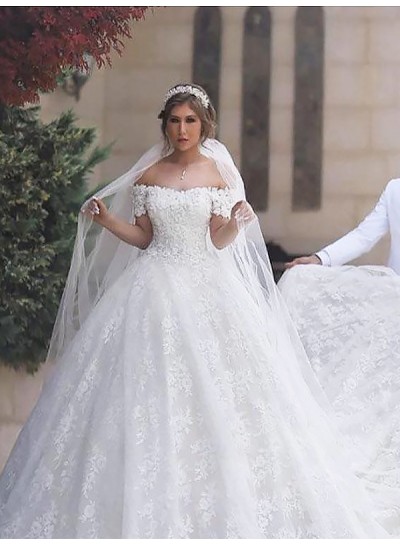 Off Shoulder Lace Up Back White Capped Sleeves 2020 Sweetheart Long Lace Ball Gown Wedding Dresses