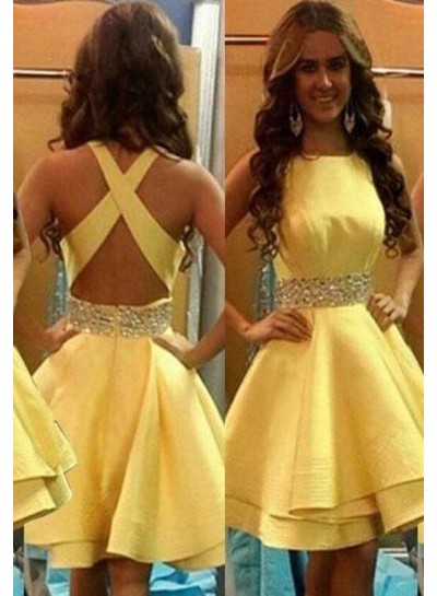 Elegant Beading Criss-Cross Satin Short Yellow Prom Dresses