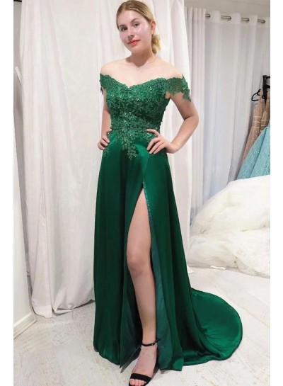 2023 Prom Dresses A Line Off Shoulder Hunter Green Side Slit Silk Like Satin Lace