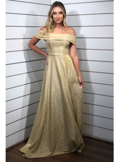 2024 Prom Dresses A Line Gold Off Shoulder Spaghetti Straps Long