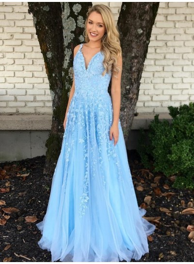 2023 Prom Dresses A Line Blue Tulle With Appliques Long Sweetheart