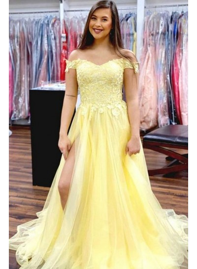 2024 Prom Dresses A Line light Yellow Tulle Off Shoulder Sweetheart Side Slit