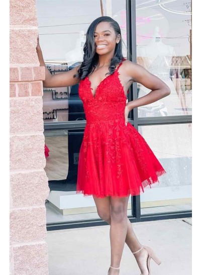 2023 Prom Dresses A Line Red Sweetheart Tulle With Appliques Knee Length Short