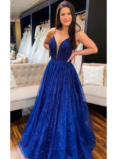 2024 Prom Dresses A Line Royal Blue Sweetheart Open Back Spaghetti Straps Long