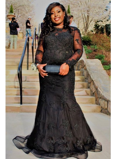 2023 Prom Dresses Black Sheath Tulle With Lace Patterns Plus Size Long Sleeves
