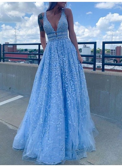 2024 Prom Dresses A Line Blue V Neck Lace Patterns Long