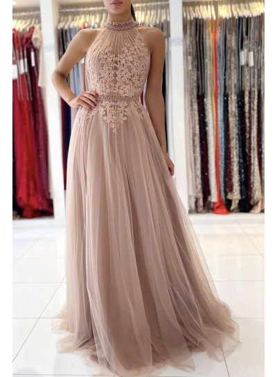 2023 Prom Dresses A Line Tulle High Neck Dusty Rose Lace Long