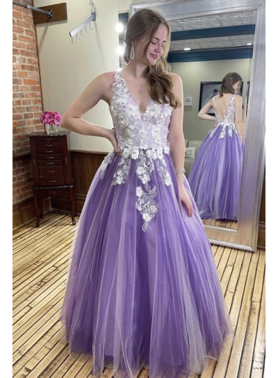 2024 Prom Dresses A Line Purple Tulle White Lace Patterns V Neckline Long