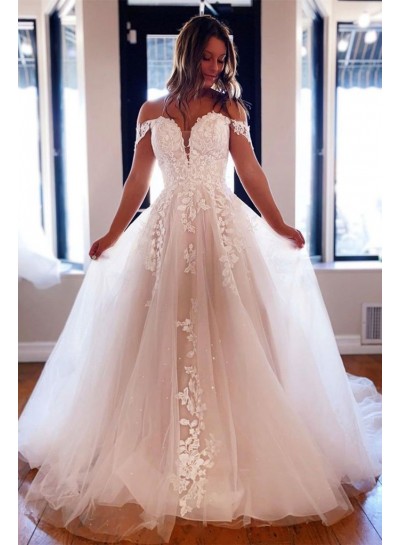2023 Prom Dresses A Line Tulle With Lace Patterns Off Shoulder Ivory Sweetheart