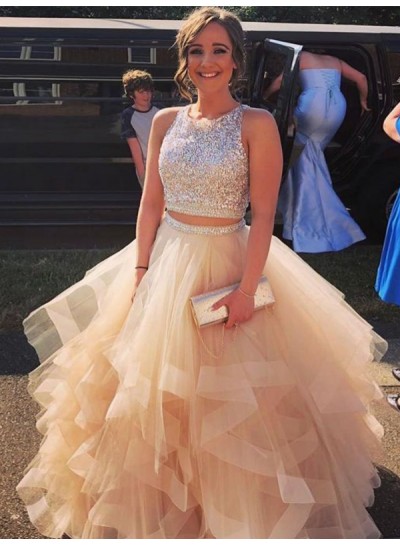 2023 Prom Dresses A Line Tulle With Sequence Champagne Two Pieces
