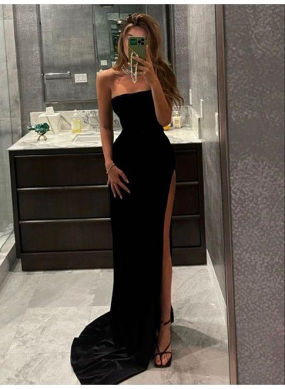 2023 Prom Dresses Black Strapless Velvet Sheath Side Slit Long