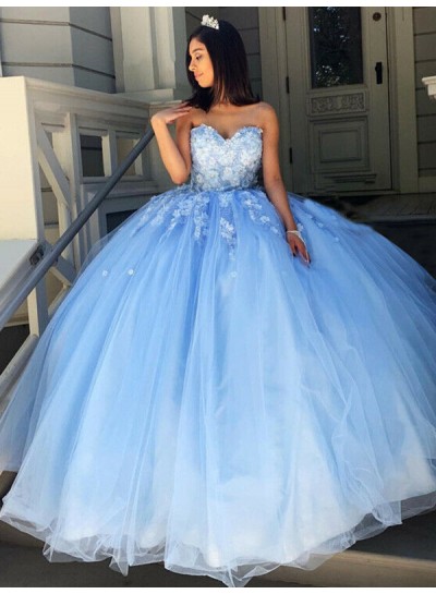 2022 Prom Dresses Blue Sweetheart Lace Patterns Tulle Ball Gown