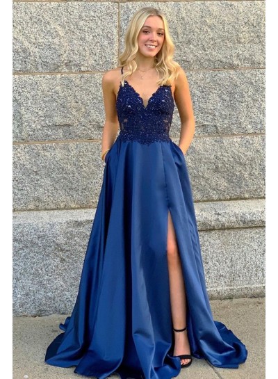 2024 Prom Dresses A Line Royal Blue Sweetheart Side Slit Appliques Long