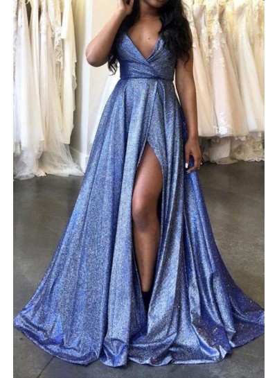 2024 Prom Dresses A Line Side Slit V Neck Long Blue