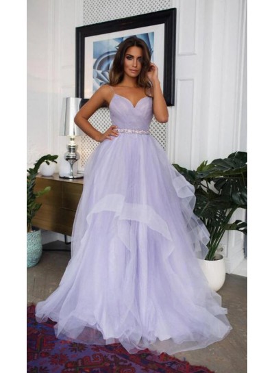 2024 Prom Dresses A Line Tulle Lavender Layered Sweetheart Beaded Sash Long