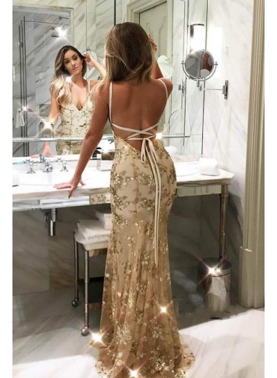 2024 Prom Dresses Halter Backless Champagne Lace Long