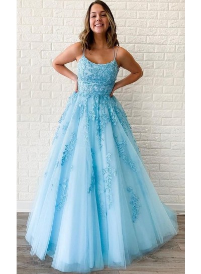 2024 Prom Dresses A Line Blue With Lace Patterns Halter Lace Up Long