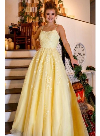 2024 Prom Dresses A Line Light Yellow Tulle With Lace Patterns Criss Cross Long