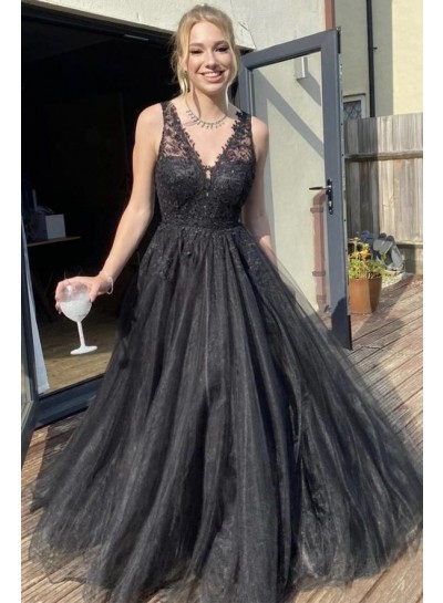 2024 Prom Dresses A Line Black V Neck Tulle With Lace Patterns Long