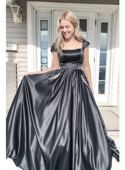 2023 Prom Dresses A Line Black Silk Like Satin Capped Sleeves Beaded Pockets Long