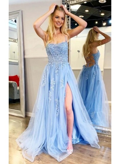 2024 Prom Dresses A Line Halter Criss Cross Side Slit Tulle Long Blue With Appliques