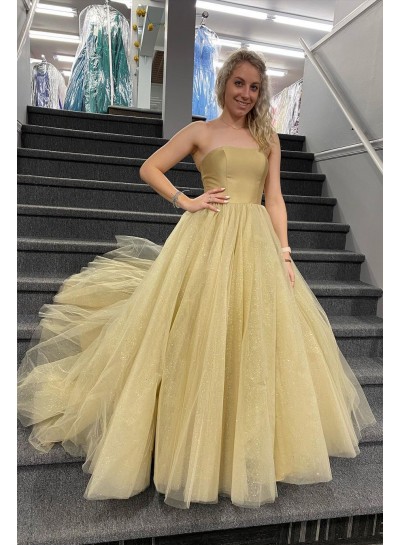 2024 Prom Dresses A Line Tulle Gold Strapless Long