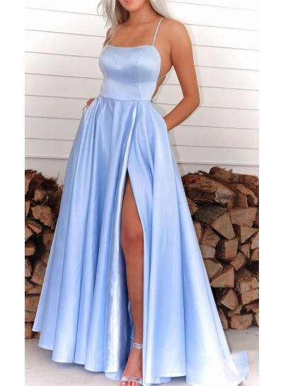 2024 Prom Dresses A Line Silk Like Satin Halter Open Back Blue Side Slit Long