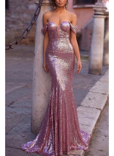 2023 Prom Dresses Sheath Pink Sequence Off Shoulder Sweetheart Long