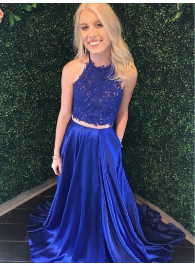 2023 Prom Dresses A Line Royal Blue Two Pieces Lace Long Halter
