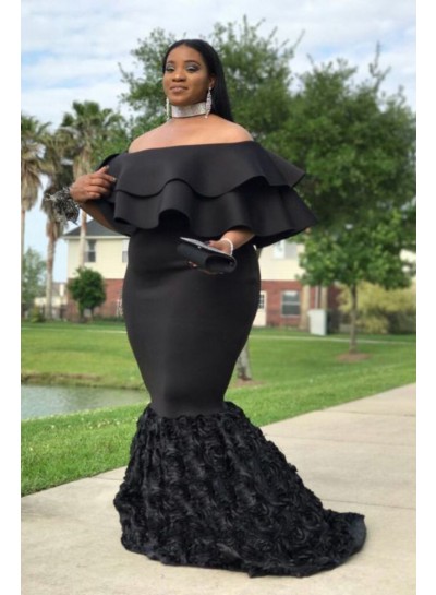 2023 Prom Dresses Black Mermaid Off Shoulder Capped Sleeves Rose Patterns Plus Size