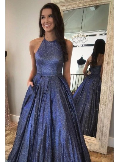 2024 Prom Dresses A Line Halter Blue Long With Pockets