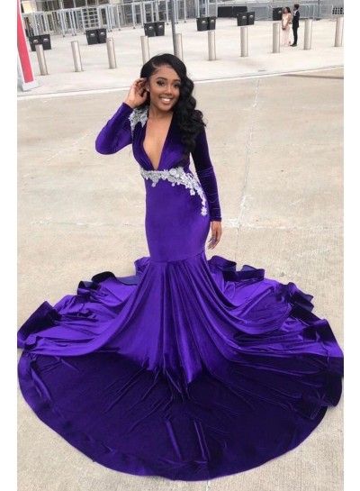 2024 Prom Dresses Purple Mermaid V Neckline Long Sleeves Beaded Long