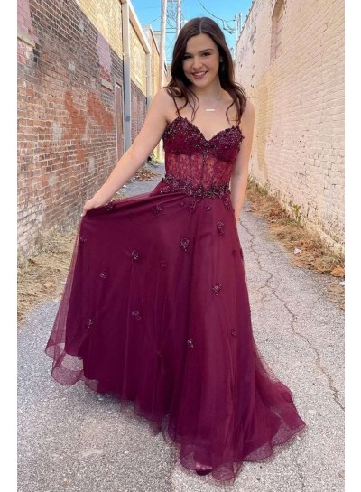 2024 Prom Dresses A Line Sweetheart Burgundy Tulle With Beads Spaghetti Straps Long