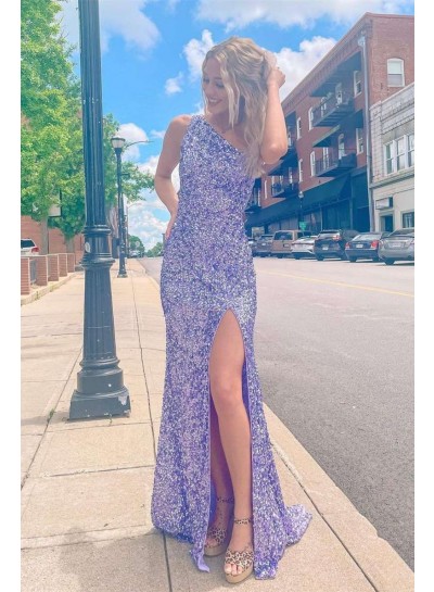 2023 Prom Dresses One Shoulder Lavender Side Slit Sequence Long