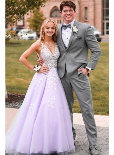 2024 Prom Dresses A Line Tulle Lilac With White Appliques V Neck Long