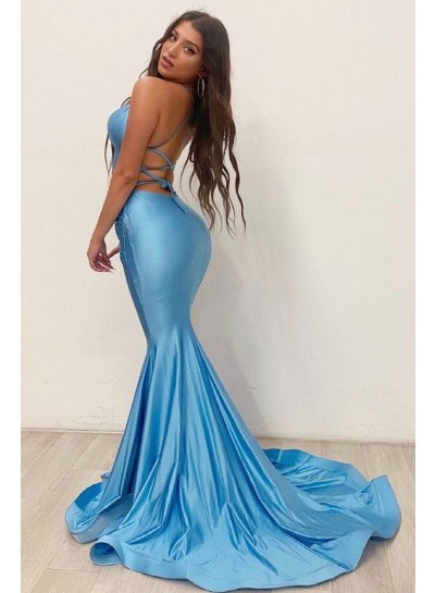 2024 Prom Dresses Blue Mermaid Sweetheart Lace Up Sweetheart Halter Rolled Trim Long