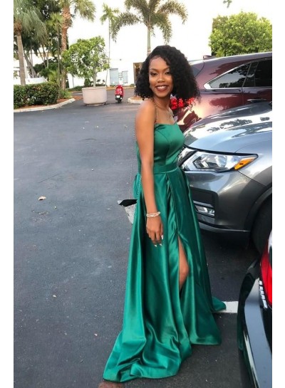 2024 Prom Dresses A Line Strapless Silk Like Satin Jade With Wide Waist Band Long