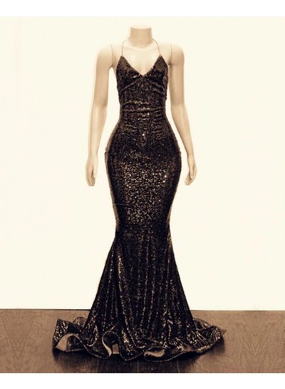 2025 Prom Dresses Sheath Black Halter Criss Cross Sequence Long