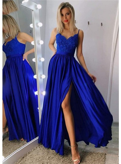 2023 Prom Dresses A-Line Royal Blue Sweetheart Side Slit Long With Appliques