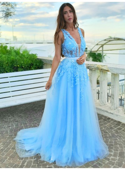 2024 Prom Dresses A-Line Blue V Neck Tulle With Appliques V Back Long
