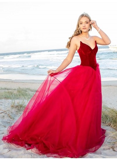 2024 Prom Dresses A-Line Strapless Tulle Sweetheart Long Burgundy