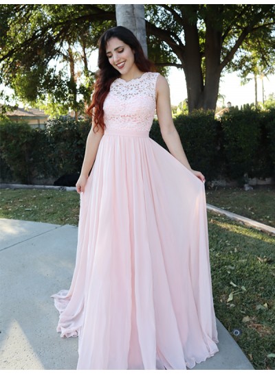 2024 Prom Dresses A-Line Chiffon Blushing Pink Long Dress Lace