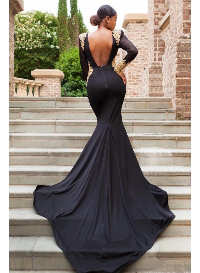 2024 Prom Dresses Black Mermaid Long Sleeves With Gold Appliques Open Back