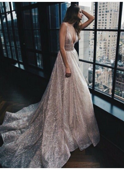 2024 Prom Dresses A-Line Deep V Neck Natural Waist Long Dress