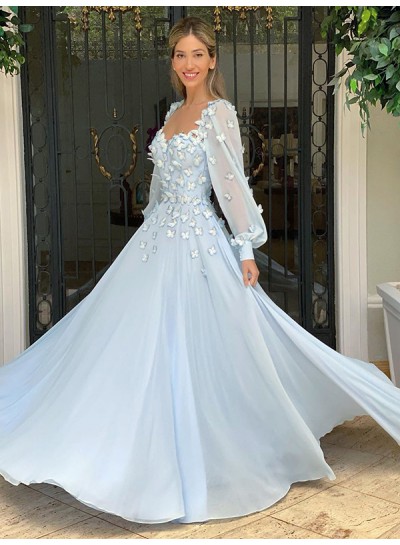 2022 Prom Dresses Chiffon A-Line Long Sleeves Sweetheart With Butterflies Patterns