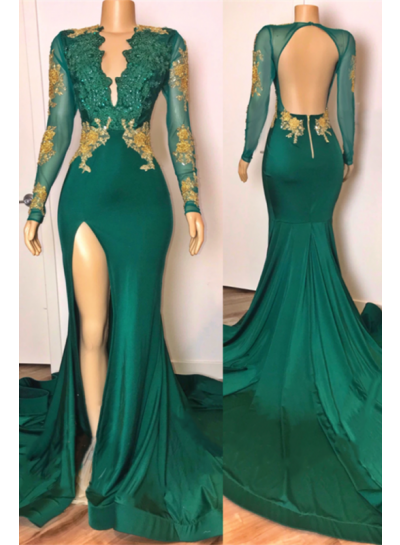2024 Prom Dresses Long Sleeves Emerald Side Slit Open Front Backless Long Dress