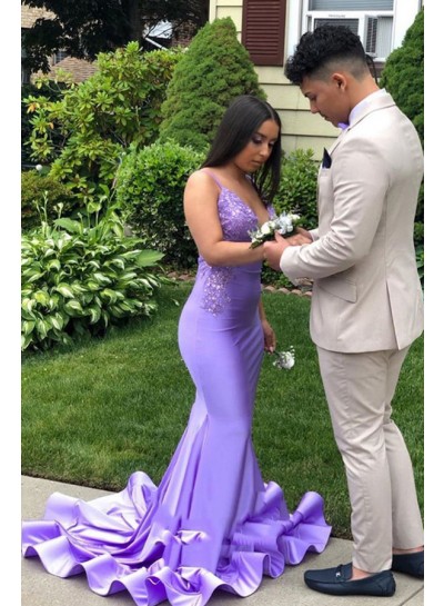 2024 Prom Dresses Lilac Sweetheart Rolled Train Sweetheart Long With Sequence